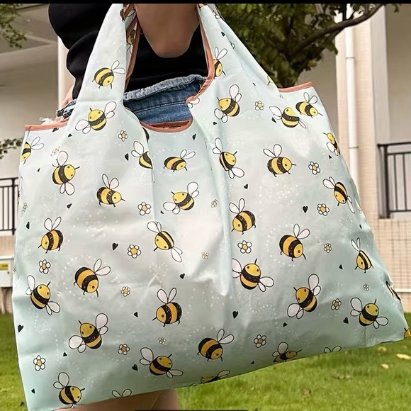 Light Blue Bumble Bee Print Reusable Folding Shopping Tote - Picture 4 of 4